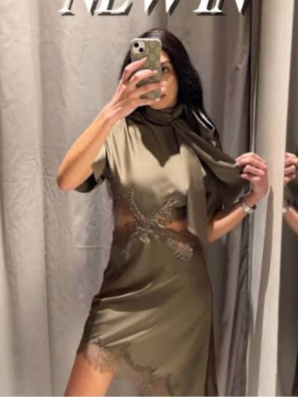 NWT Zara Olive Mink Lace-Trim Short Cut Out Dress Medium 5919/041 Satin Effect - Picture 5 of 8